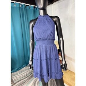 Speechless Navy Blue Swiss Dot Tiered Halter Neck Mini Dress Size Small